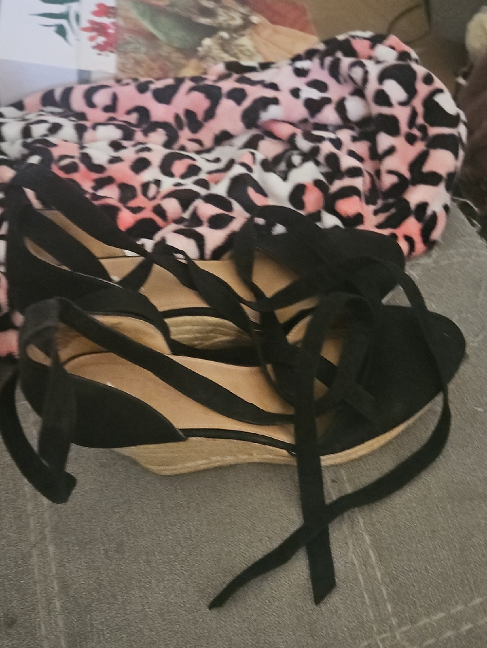 New Brash Black Lace-Up Espadrille Wedges with Ties